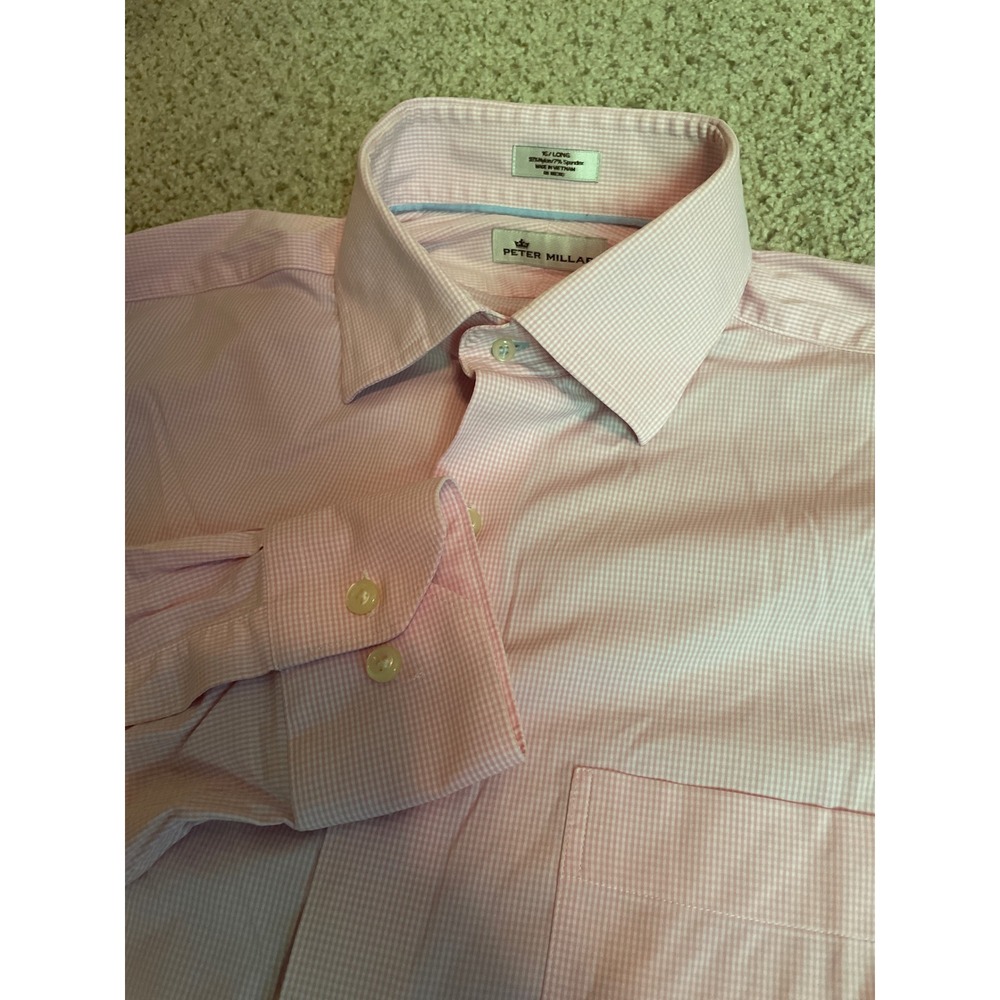 Peter Millar Men Button Down 16 Long Pink Gingham Nylon Performance Shirt Flaw